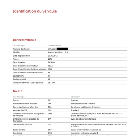 VIN Decoder - Rapport complet des équippements de série et options de votre véhicule