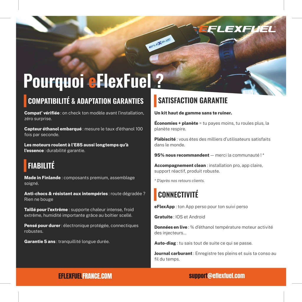 Brochure eFlexFuel présentant ses avantages, y compris la compatibilité, la fiabilité et la satisfaction client.
